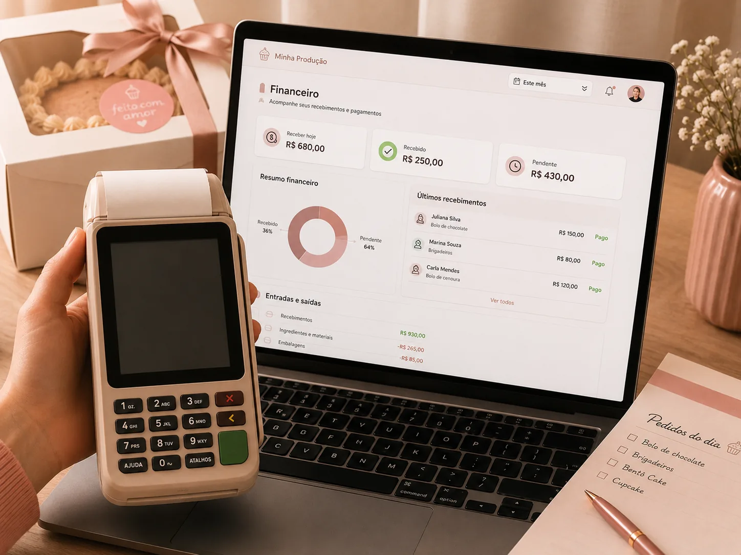 Notebook com a tela financeira do aplicativo ao lado de uma maquininha e uma caixa de bolo