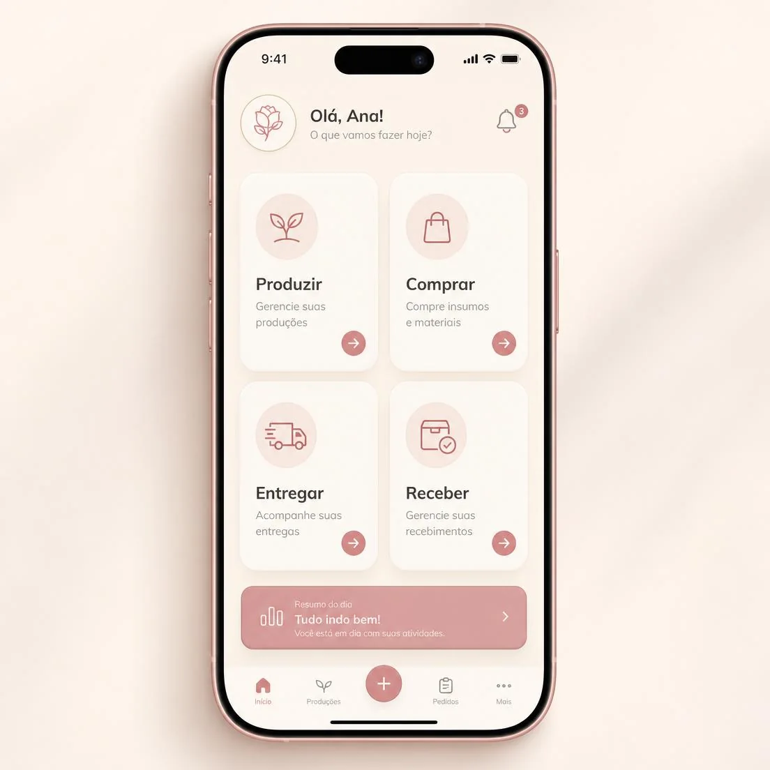 Dashboard do aplicativo com as áreas Produzir, Comprar, Entregar e Receber