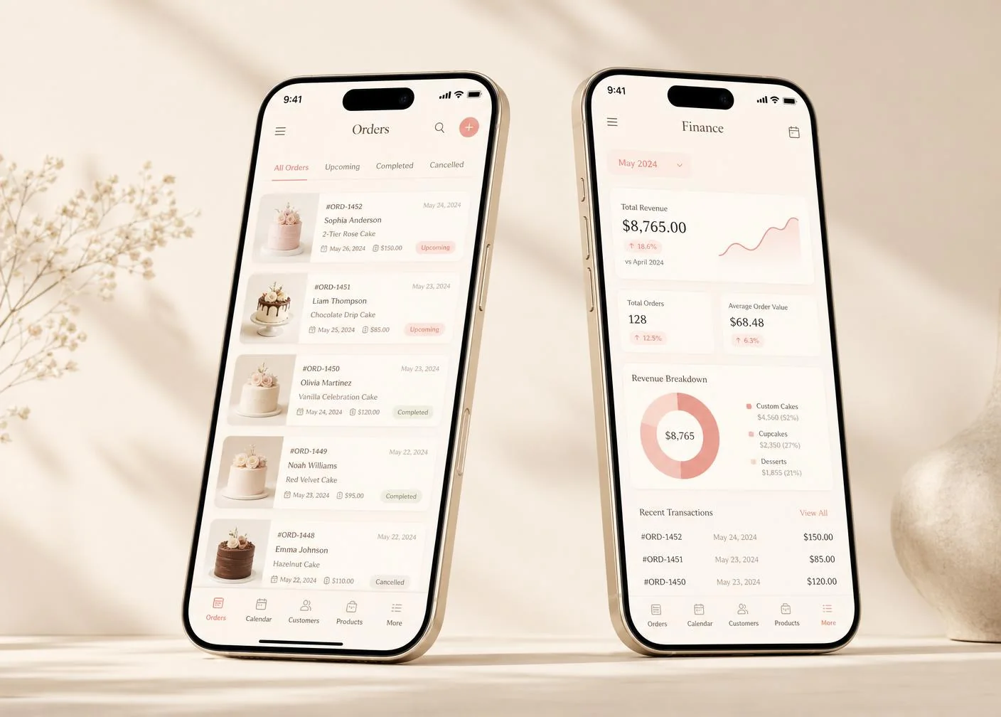Aplicativo Minha Produção em dois celulares mostrando pedidos e financeiro