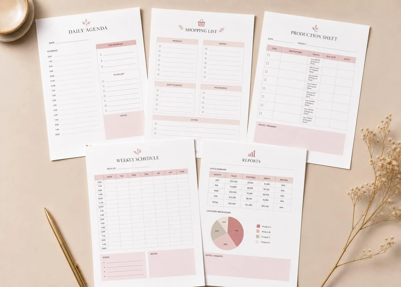 Folhas impressas da agenda do dia, lista de compras, produção, agenda semanal e relatórios